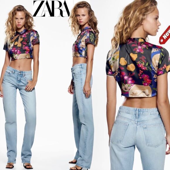 ZARA satin effect printed crop top Sz S NWT - Picture 1 of 10